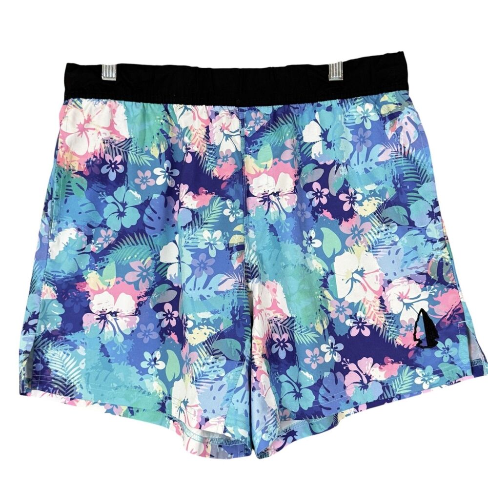 TACHUNTFISH Shorts Mens XL Blue Floral Hawaiian Hibiscus Athletic Training EUC!